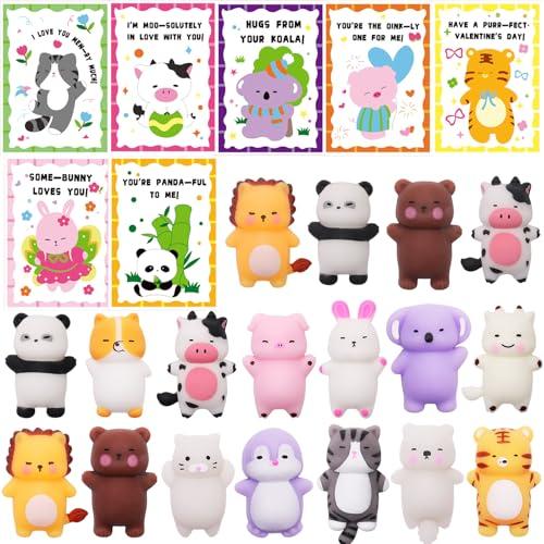 28 Pack Valentines Day Gifts for Kids School with Kawaii Mochi, Stress Relief Fidget Toys with Valentines Day Cards for Kids Classroom, Valentines for Kids Class Exchange Gifts School Party Favors