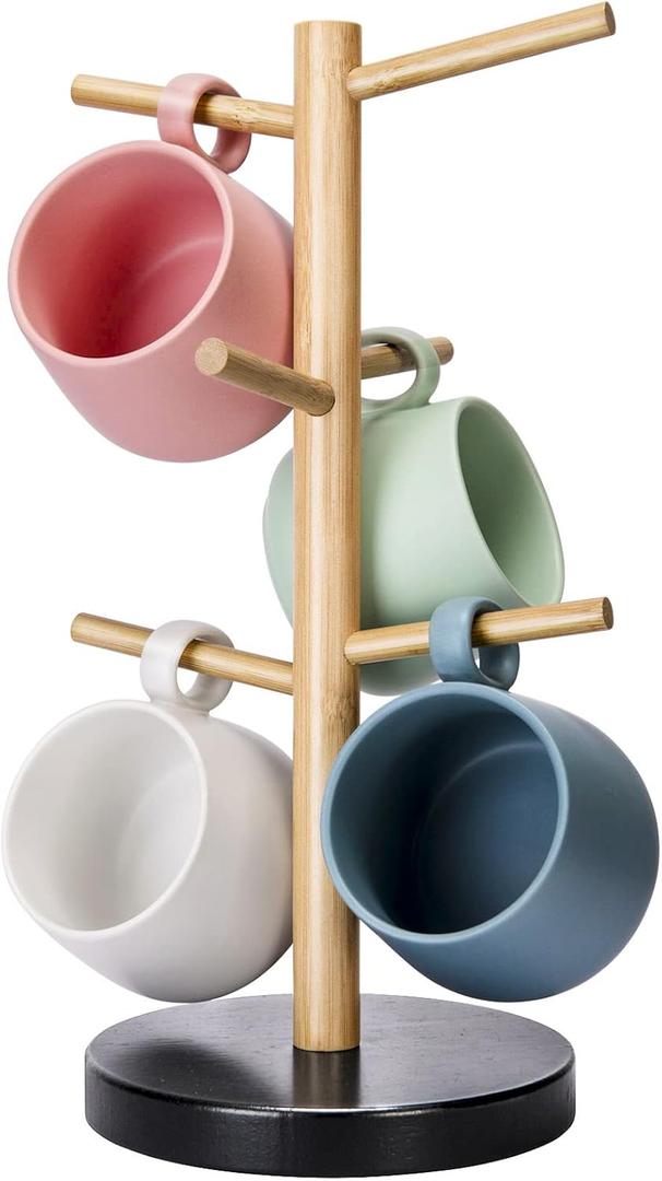 Wisuce Bamboo Mug Holder Tree, Thicker Base Coffee Cup Holder Stand for Counter, Mug Rack with 6 Hooks (Black Base)