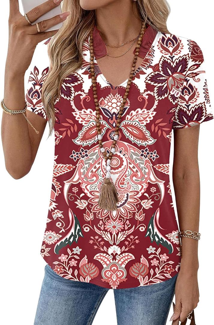Kistore Womens Summer Tops Short Sleeve V Neck Casual Shirts Beach Vacation Dressy Work Blouses (M)