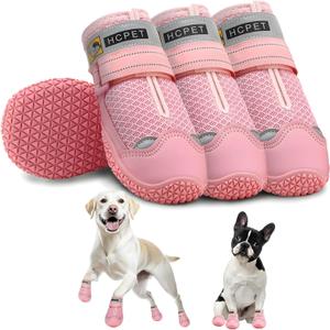 Hcpet Dog Shoes for Large Dogs, Breathable Dog Booties for Small Medium Dogs, Anti-Slip Dog Boots & Paw Protectors for Hot Pavement Winter Snow Hiking with Reflective Straps Pink Size 4 (Pair of 4, Width 1.96 inch for 36-43 lbs)