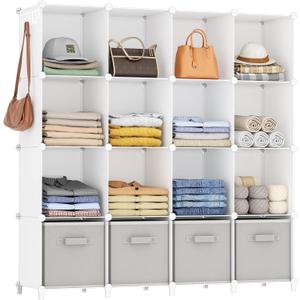 HOMIDEC Closet Organizers and Storage, 16 Cube Storage Organizer, Closet Organizer Bookshelf Cubes Shelves for Clothes, Bedroom, Kids Room, Bathroom, Wardrobe, Garment Racks, White (X-Large)