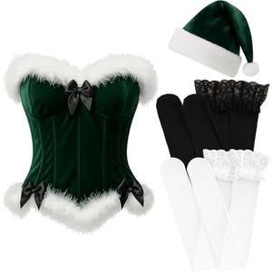 Haysandy 2 Pcs Sexy Christmas Santa Lingerie Costume Women Girls Claus Costume Dress for Xmas Outfits, Black Tights, Size large