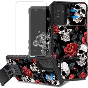 For Samsung Galaxy A13 5G/4G Phone Case with Screen Protector with Slide Camera Cover & Kickstand Dual Layer Hybrid Heavy Duty Shockproof Phone Case for Galaxy A13 5G/4G,Red Skulls Roses