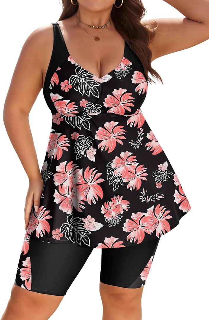 Arolina Plus Size Swimsuit for Women Two Piece Modest Tankini Full Coverage Tummy Control Bathing Suits with Shorts 24W
