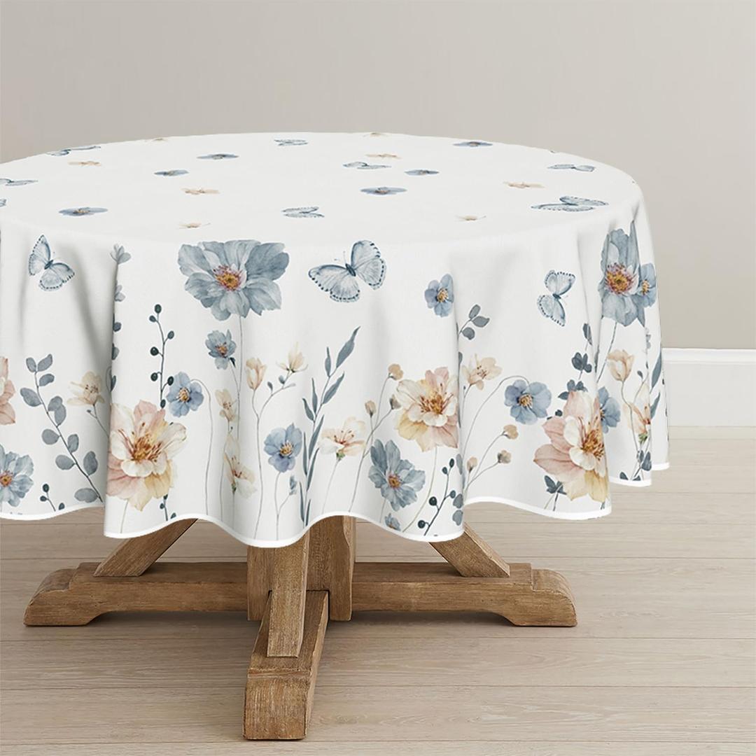 Horaldaily Spring Tablecloth 6060 Inch Round, Watercolor Flowers Washable Seasonal Table Cover for Party Picnic Dinner Decor (White)
