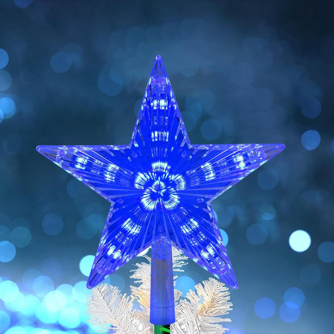 DERAYEE Christmas Tree Topper, 9 Inch Lighted Xmas Star Tree Topper Battery Operated Treetop for Christmas Tree Decorations Indoor Home Dcor (6H Timer, Blue Lights)