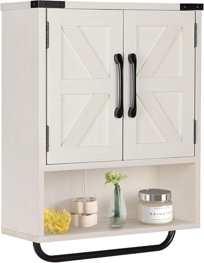RUSTOWN Farmhouse Wall Storage Cabinet with Two Barn Door, Rustic Mounted Medicine Cabinet with Adjustable Shelf and Towel Bar, 3-Tier Wood Cabinet for Kitchen, Bathroom, Living Room (Washed Oak) (Vintage White)