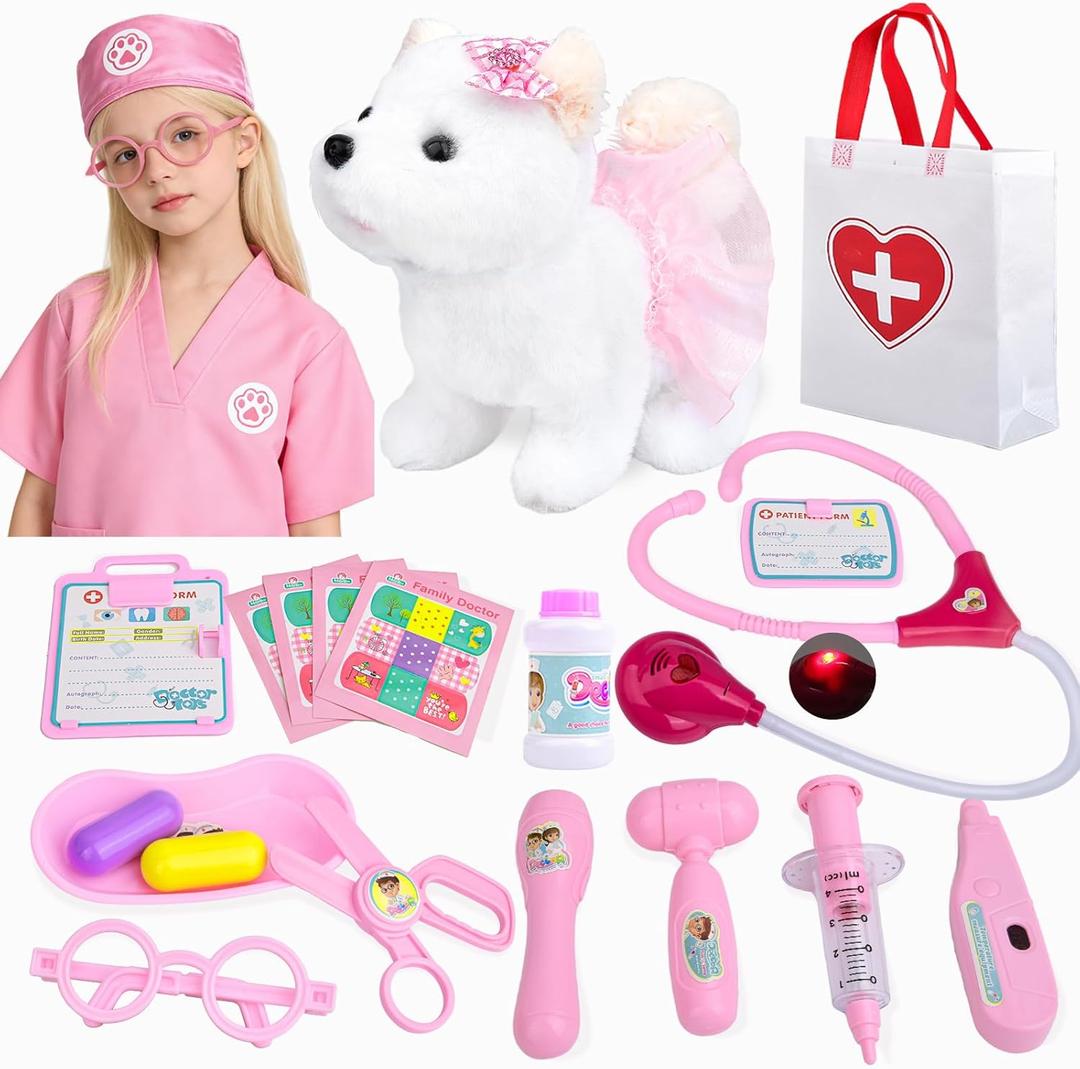 Kids Pet Doctor Kit for Toddlers, 21PCS Kids Doctor Playset with Plush Dog, Medical Toys, Stethoscope, Dress Up Costume, Carrying Bag,Christmas Birthday Gifts for Ages 3 4 5 6 7 8 Year Old Girls (White)