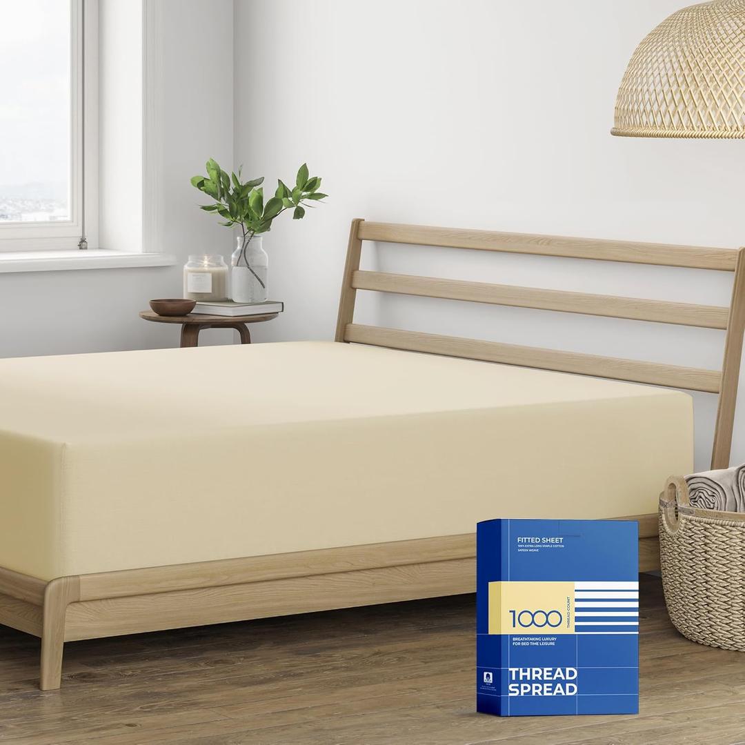 Thread Spread 100% Egyptian Cotton Fitted Sheet Queen Size - 1000-Thread-Count Queen Fitted Sheet Only, Soft, Cooling, Sateen Weave Hotel Quality Bottom, Fits Upto 18" Deep Pocket Mattress - Sand