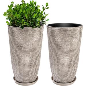 QCQHDU Set of 2 Oversized 9 Gallon Round Planters for Front Door & Patio - 12x21 Inch Tall Outdoor/Indoor Plant Pots with Drainage Tray, Gray Faux Stone Textured Tree Planters for Porch Decor