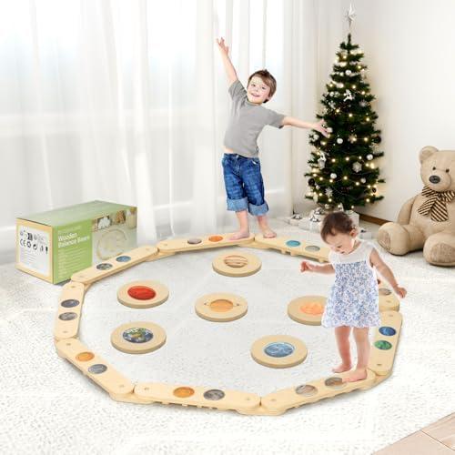 COSYLAND Wooden Balance Beam for Kids - 6 PCS Toddler Balance Beams and Stepping Stones - Sensory Balance Beam for Indoor Obstacle Course, Toys for Kids Age up 18 Months, Stars
