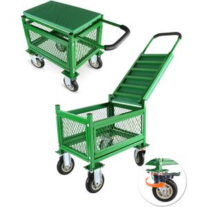Garden cart with seat and Wheels - Lockable 360 Swivel Wheels & HeavyDuty  Foam Handle Grip, Large Mesh Storage Basket  Comfortable Garden Rolling Seat for Seniors, Patio, Lawn & Yard