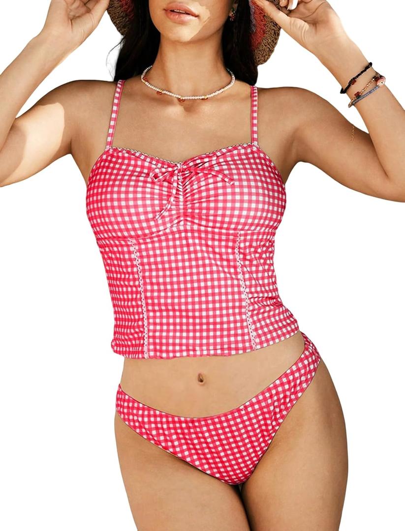 ZAFUL 2025 Tankini Swimsuits for Women Mesh Hollow-Out Tank Style Bow Knotted Decor Tie Side High Cut Tankini Set(2-Pink, M)