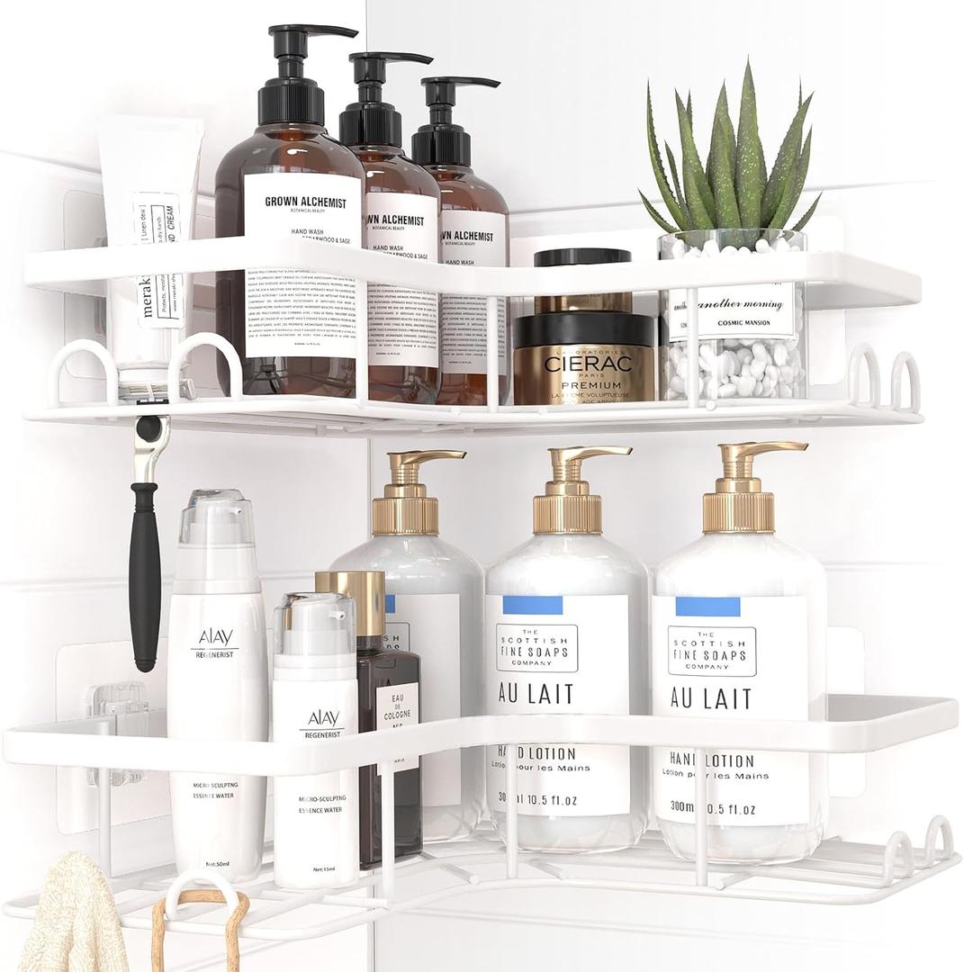 Corner Shower Caddy - 2 Pack, Adhesive Shower Organizers, Rustproof Stainless Steel Shower Shelves with 8 Hooks, No Drilling Bathroom Organizers and Storage Racks, Space-Saving, White, Large