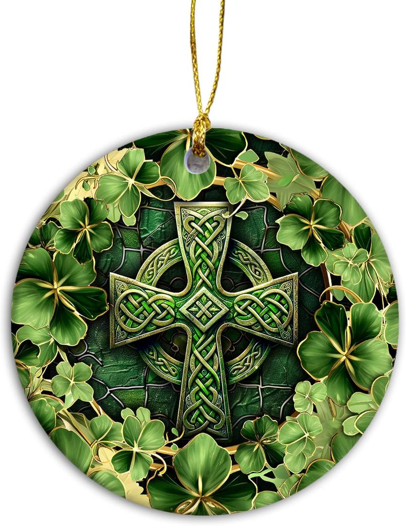 Saint Patrick's Day Ornament | Elegant Irish Celtic Cross Green and Gold, Religious & Spiritual Home Decor, Shamrock (Gold Leaf)
