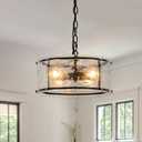 11.8" Black Hanging Pendant Light Fixtures,3 Light Small Drum Glass Dining Room Light Fixtures Over Table with Chain,Chandelier for Foyer,Kitchen Island,Dining Room,Bedroom,Breakfast Nook