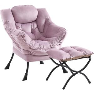 Lazy Chair and Ottoman, Large Accent Lounge Chair with Armrests and a Side Pocket, Modern Leisure Upholstered Sofa Reading Armchair with Footrest for Bedroom, Living Room, Dorm Rooms, Office (Light Purple)