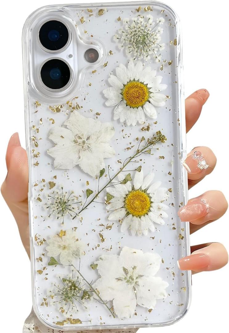 for iPhone 17 Clear Case with Pressed Real Flowers Design,Glitter Cute White Floral Pattern Slim Soft TPU Protective Women Girl's Phone Cover for iPhone 17