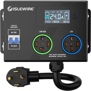 Smart Dryer Splitter for EV and Dryer, 240V Auto Power Switch for Dryer Outlet, 3-Color LED Ring, 3.4" LCD Display, No Rewiring Needed, NEMA 14-30 Plug, NEMA 14-30 & NEMA 14-50 Outlets (24 Amp)