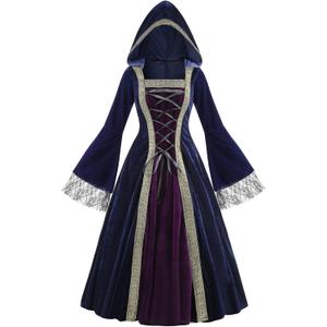 Colorful House Women Medieval Tea Party Dress Victorian Era Bubble Sleeves Velvet High Waist Long Dress with Belt and Gloves (Large, Blue/Purple)