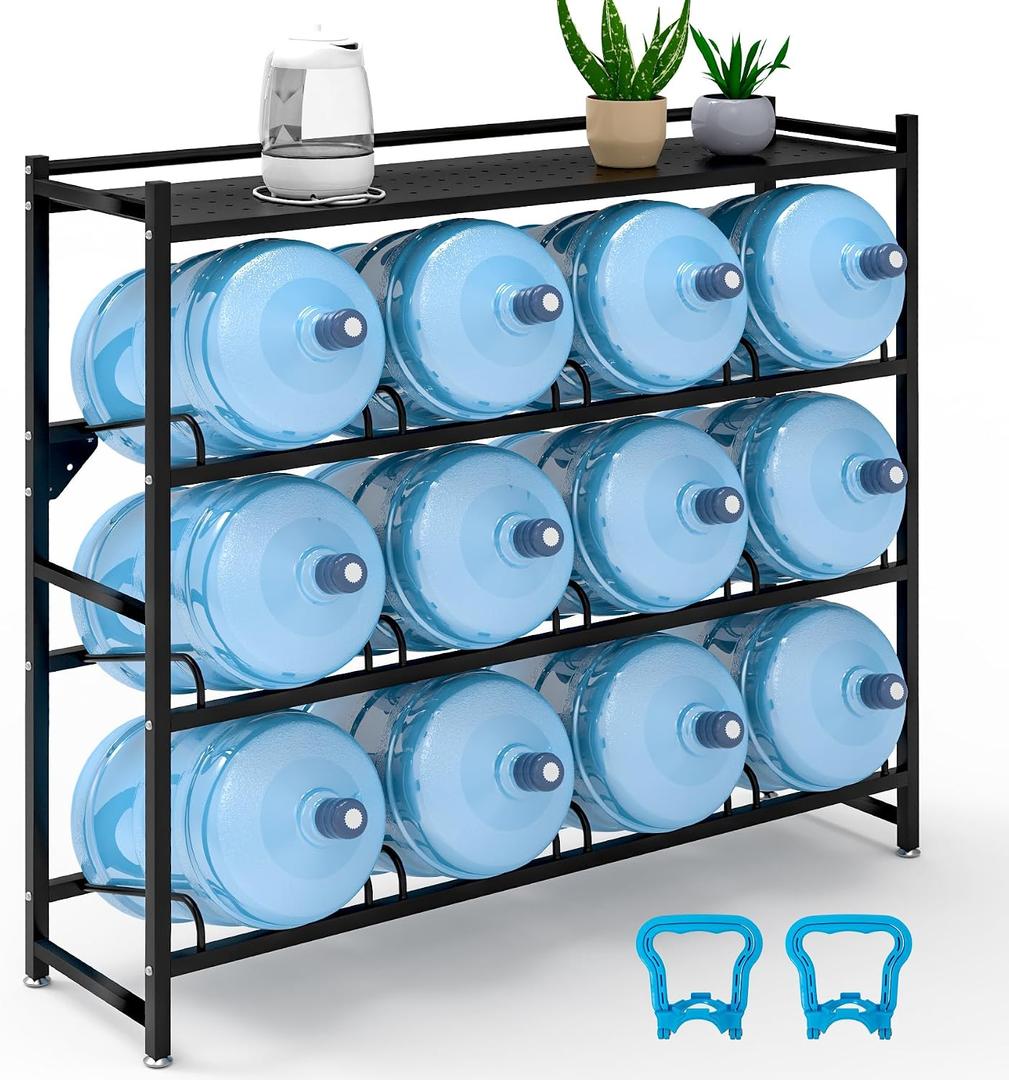 5 Gallon Water Jug Holder Heavy Duty4-Tier Water Jug Rack w/Top Shelf, Wall Mount Water Bottle Holder for 12 Bottles, Powder Coated Water Rack Stand for Home, Office, Restaurant, Gym. BK, 12 Bottle, Modern