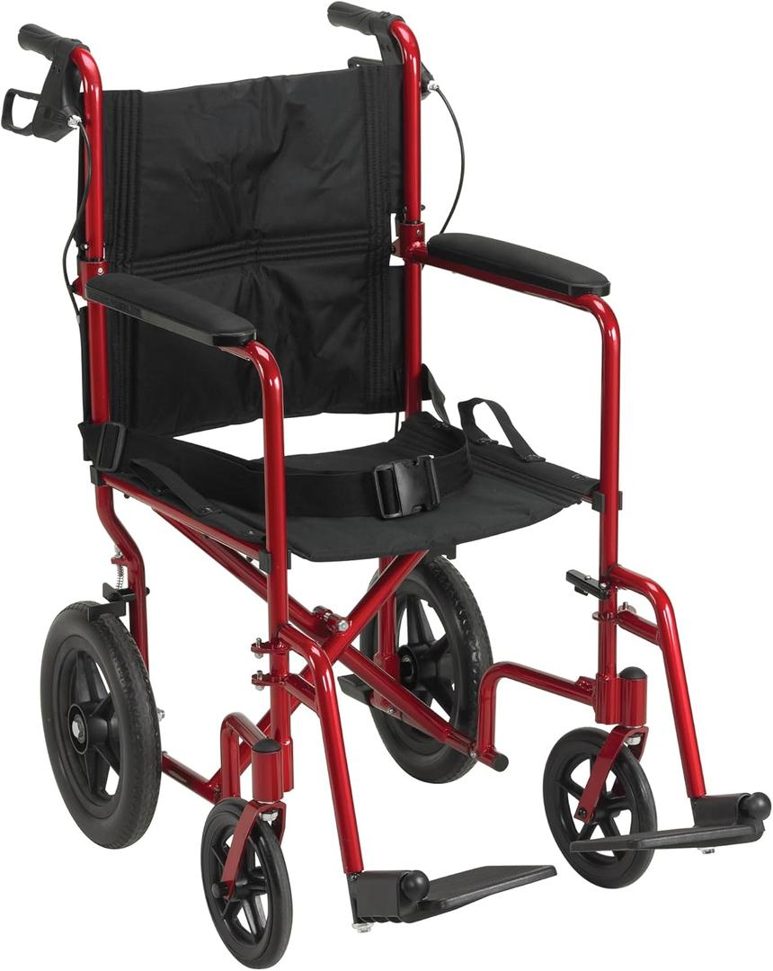 Drive Medical Lightweight Expedition Folding Transport Wheelchair - Ultra Lightweight Mobility Support for Seniors & Adults - Strong Aluminum Frame - Hand Brakes - Compact Folding Travel Chair - Red