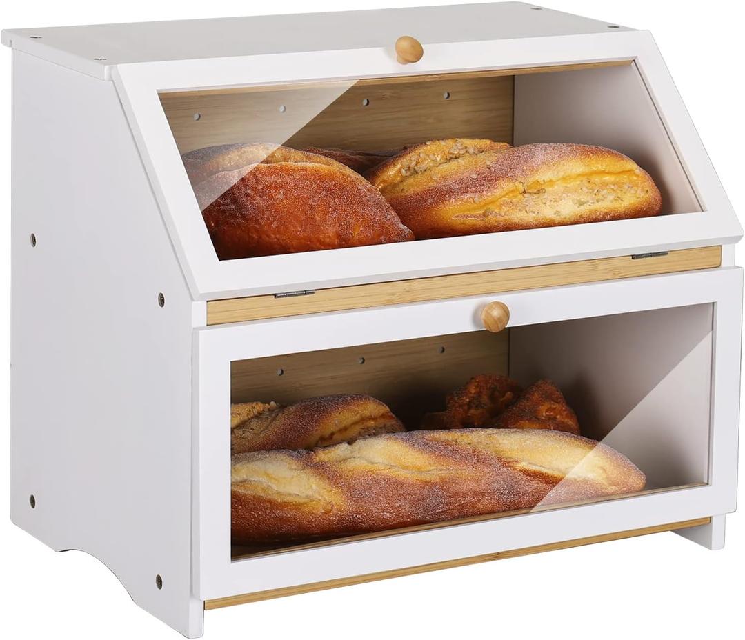 HOMEKOKO Double Layer Large Bread Box for Kitchen Counter, Wooden Large Capacity Bread Storage Bin (White)