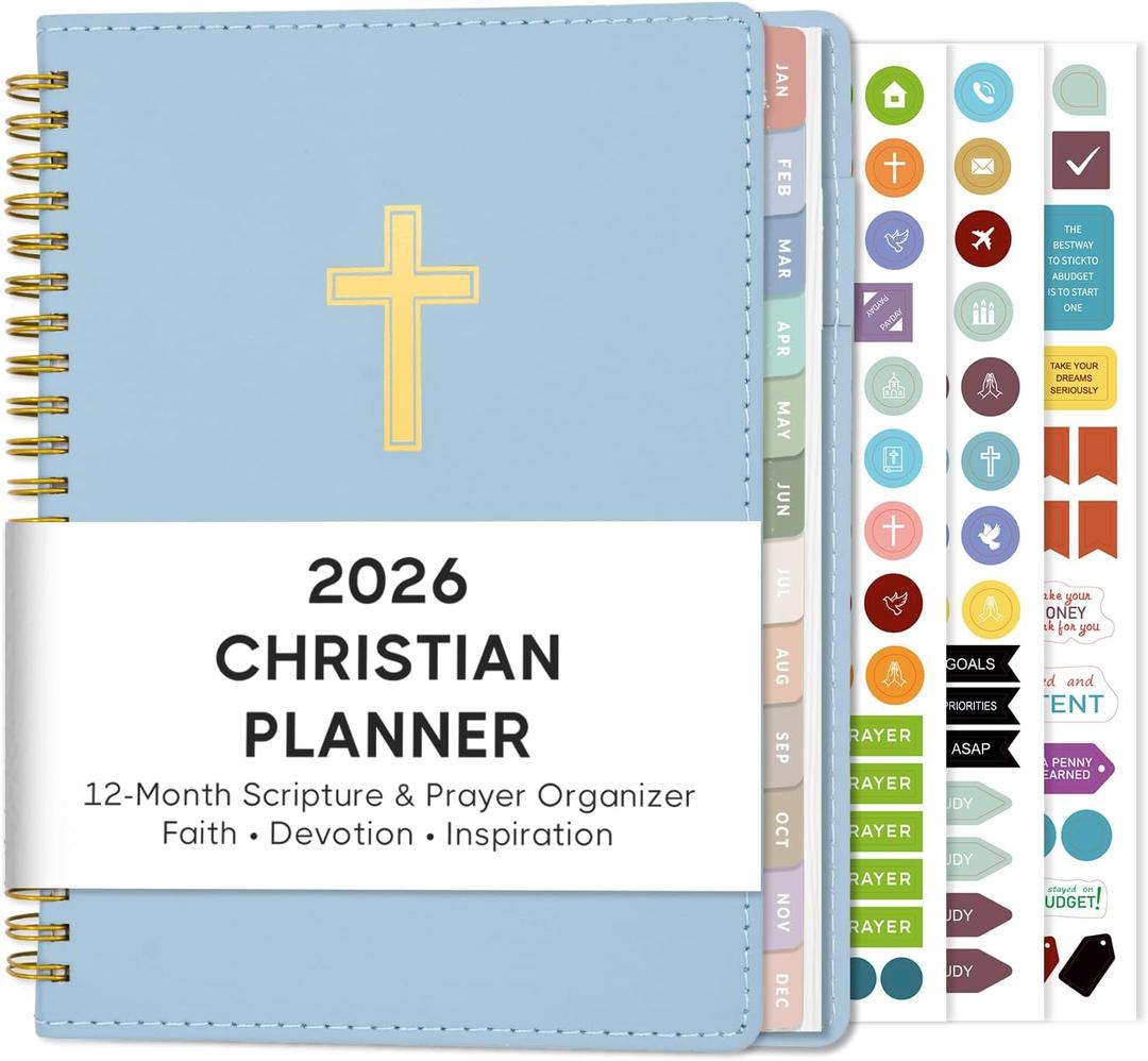 2026 Christian Planner, Bible Planner & Prayer Journal A5 Spiral Bound, Weekly & Monthly Faith Planning for Women & Men (Blue)