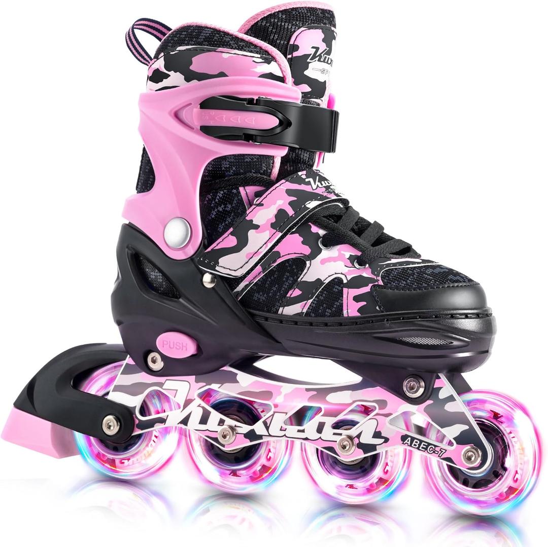 Kuxuan Boys Adjustable Inline Skates with Light up Wheels, Fun Illuminating Skates for Kids Girls Youth (Small(Kids 10-11 US), Pink)
