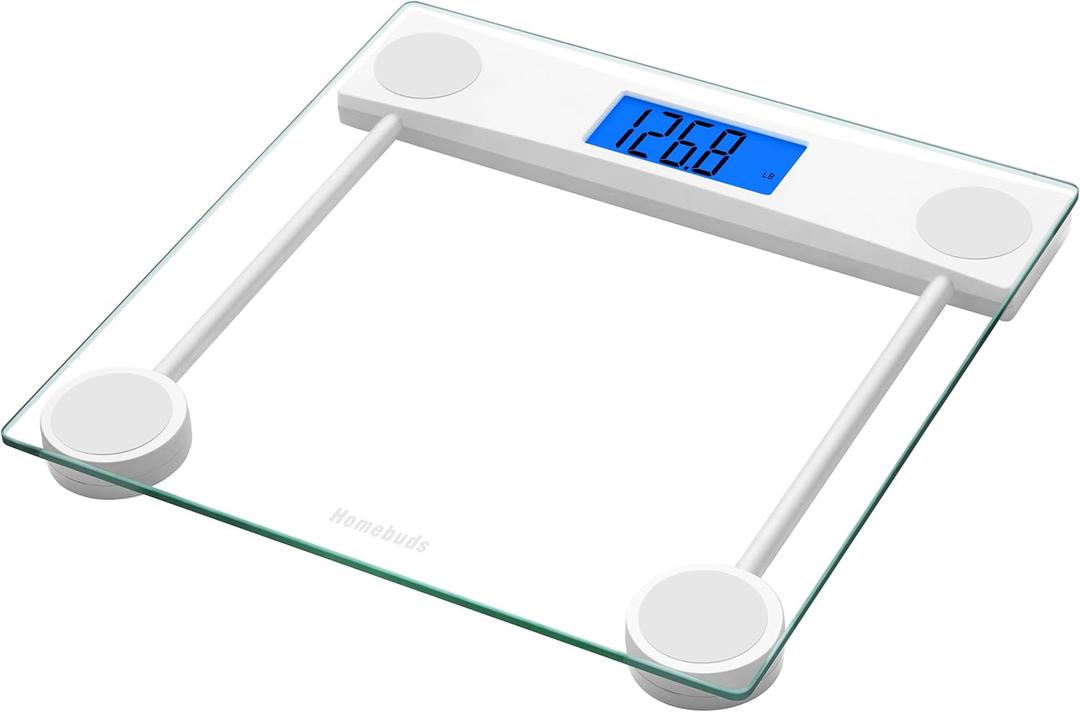 Homebuds Digital Bathroom Scale for Body Weight, High Precision Assured by Weight Scale Professional Factory SINCE 2001, Blue Backlit LCD and Step-On, 2*AAA Batteries Included, 400lb/182kg Clear Glass