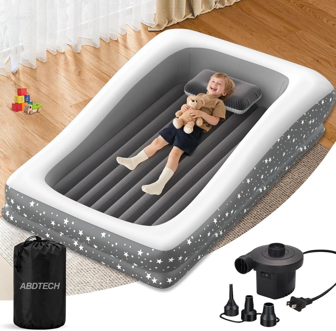 Inflatable Toddler Travel Bed - 67'' Large Size Safety Kids Air Mattress with 4 Sides - Portable Camping Bed for Outdoor Sleepovers, Easy to Inflate & Deflate with Storage Bag & Pump, Grey