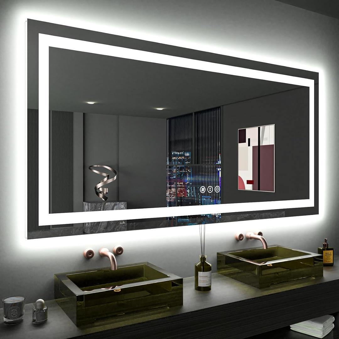 LOAAO 60X36 LED Bathroom Mirror with Lights, Anti-Fog, Dimmable, Backlit + Front Lit, Lighted Bathroom Vanity Mirror for Wall, Memory Function, Tempered Glass, ETL Listed