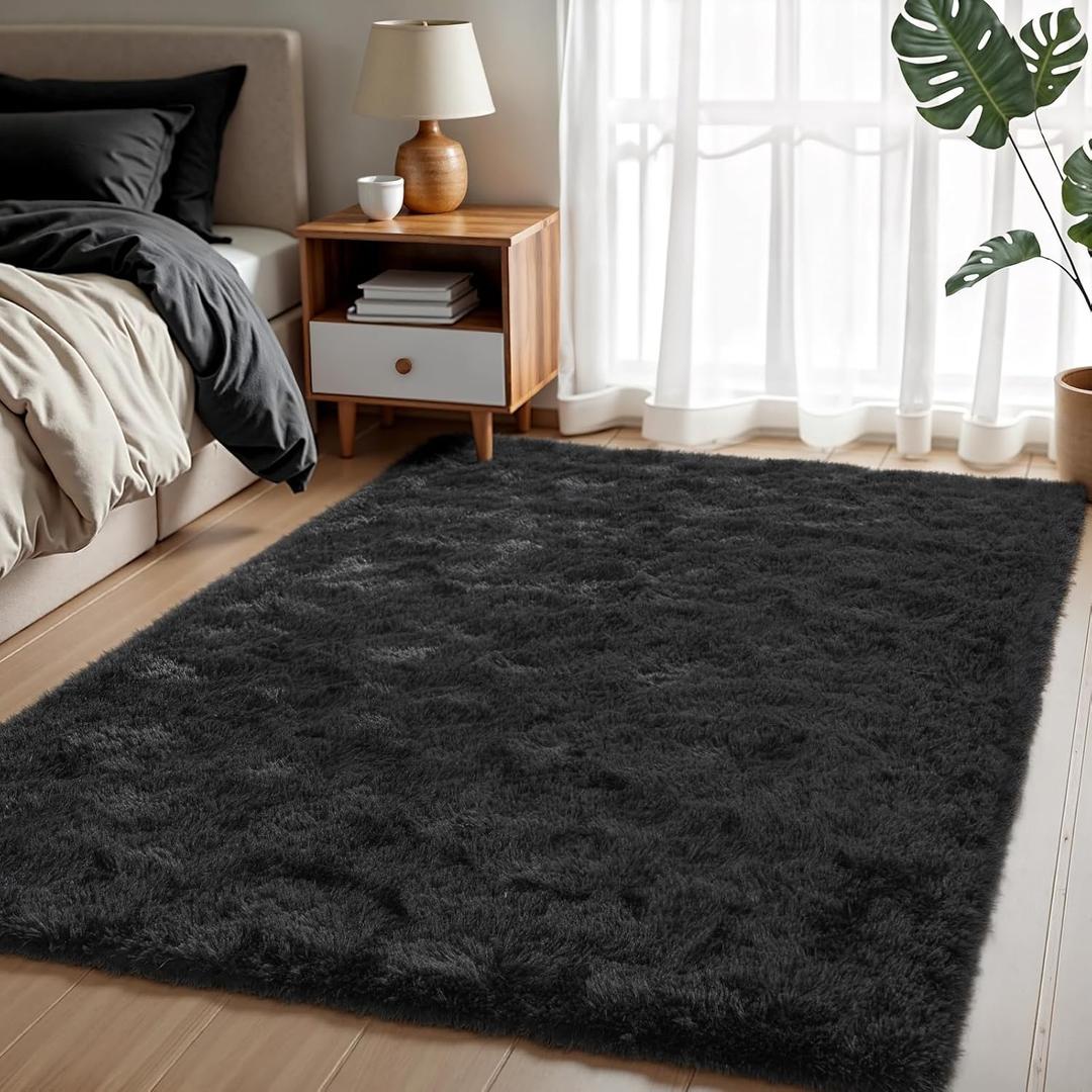 Area Rugs for Bedroom Living Room, 4x6 Soft Large Fluffy Fuzzy Shag Plush Furry Carpet, Soft Indoor Floor Mat for Kids Nursery Home Dorm Office Decor Aesthetic, Black