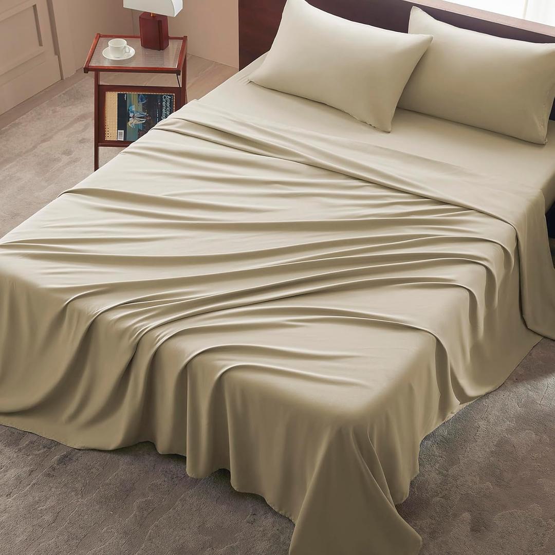 Queen Size 4 Piece Sheet Set - Comfy Breathable & Cooling Bed Sheets Set, Soft and Wrinkle Free, Deep Pockets, Easy & Secure Fit, Hotel Luxury Bedding - Oeko-Tex - Beige