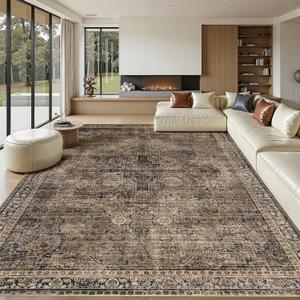 9x12 Area Rug Living Room Rugs, Stain Resistant Washable Rug, Vintage Large Non-Slip Backing, Low Pile Lightweight Print Rug for Bedroom Dinning Room Home Office (Brown1)