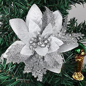 RECUTMS 10 Pieces Christmas Glitter Artificial Poinsettia Flowers Artificial Wedding Flowers Decorations Xmas Tree Ornaments 6-inch Decor Wreath Garland Holiday(Silver)
