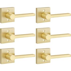 EHOMEWARE 6 Pack Satin Brass Dummy Door Handle, Gold Interior Door Lever for Pull or Push Only, Heavy Duty Single Sided Door Handles for French or Closet Doors