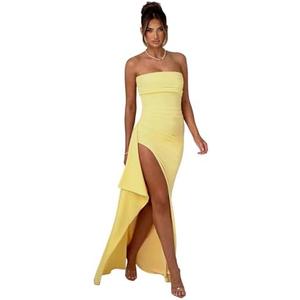Women's Sexy Strapless Backless High Split Long Maxi Dress Ruched Off Shoulder Sleeveless Bodycon Party Cocktail Dresses, Size not labeled