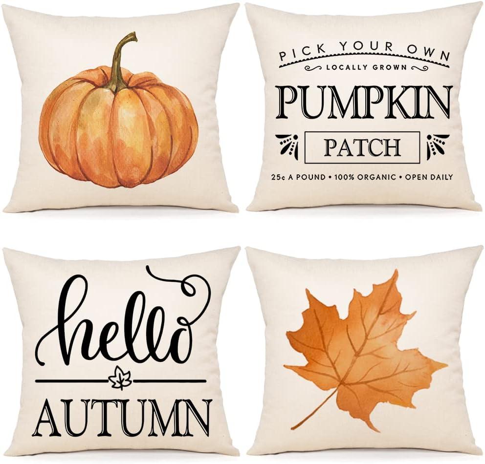 ZWJD Fall Pillow Covers - 20x20 Set of 4 Farmhouse Decor Pillows With Pumpkin, Maple Leaves and Hello Autumn Designs for Porch, Couch, Bed