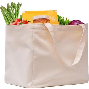 Canvas Reusable Grocery Bags Heavy Duty, 8.3 gal Foldable Large Tote Bag with Handles, Holds 60 lbs & Washable Eco-friendly Bags with 5 Pockets, Off white 1 Bags