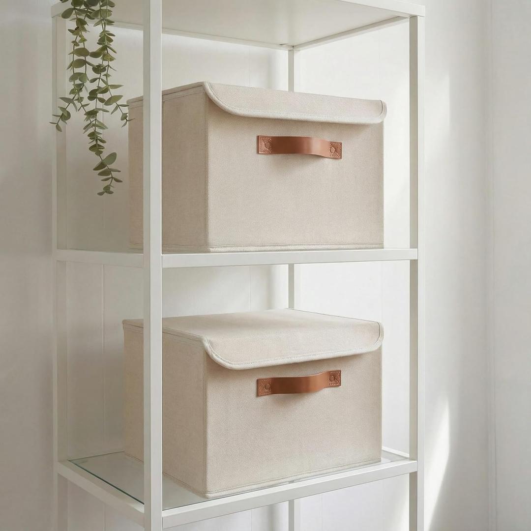 ZICOTO Decorative Linen Storage Boxes with Lids - Large Set of 2 Organizer Bins for Your Home Decor - The Perfect Container to Safely Store Photos, Documents and Memory Box Keepsakes in Style