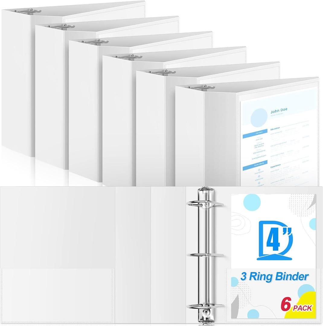 Henoyso 6 Pcs 4 Inch 3 Ring Binder D Ring, Large Clear Front Pocket Binder with Inside Pockets, Heavy Duty Faux Leather Foam Board Presentation Folder for Office, School, and Home (White)