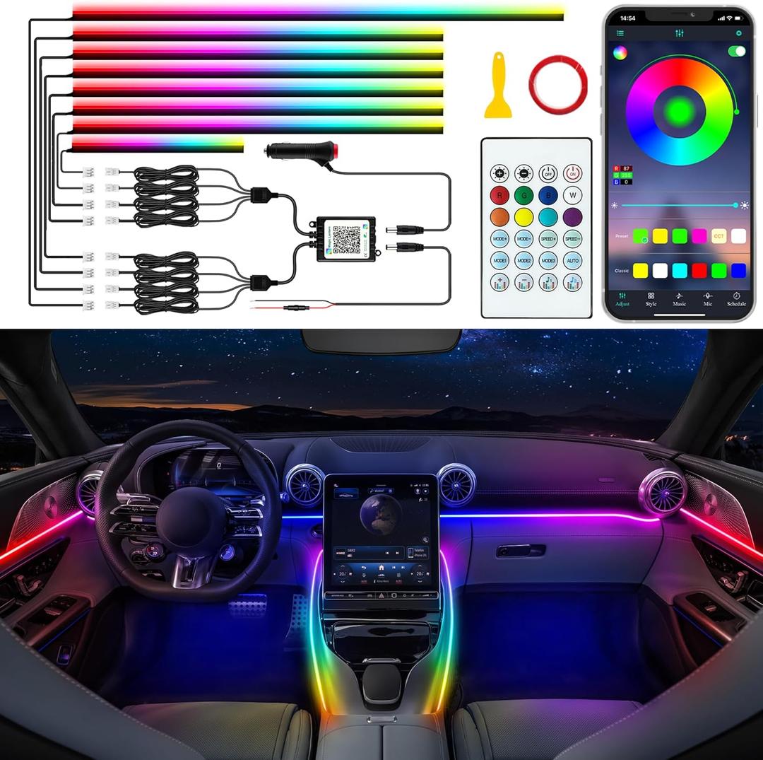 Car LED Strip Lights, Interior Acrylic LED Lights for Car with Dynamic Rainbow Dream Color Chasing, Ambient Lighting Kits Music Sync (8 in 1(6 * 29.5+43.3+14.5 inches))