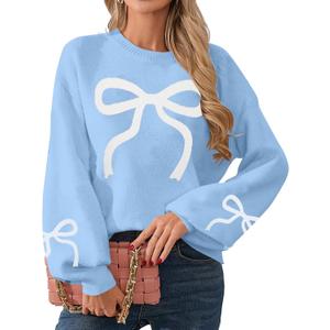 UNIQUEONE Oversized Bow Sweater Y2K Crew Neck Drop Shoulder Long Sleeve Knit Pullover Tops Fall Outfits Trendy (Medium)