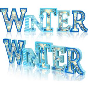 Geetery Blue Winter LED Wooden Sign Blue Snowflake Decorations Rustic Wooden Words Sign Tabletop Centerpiece Decor for Winter Christmas Table Home Office Party