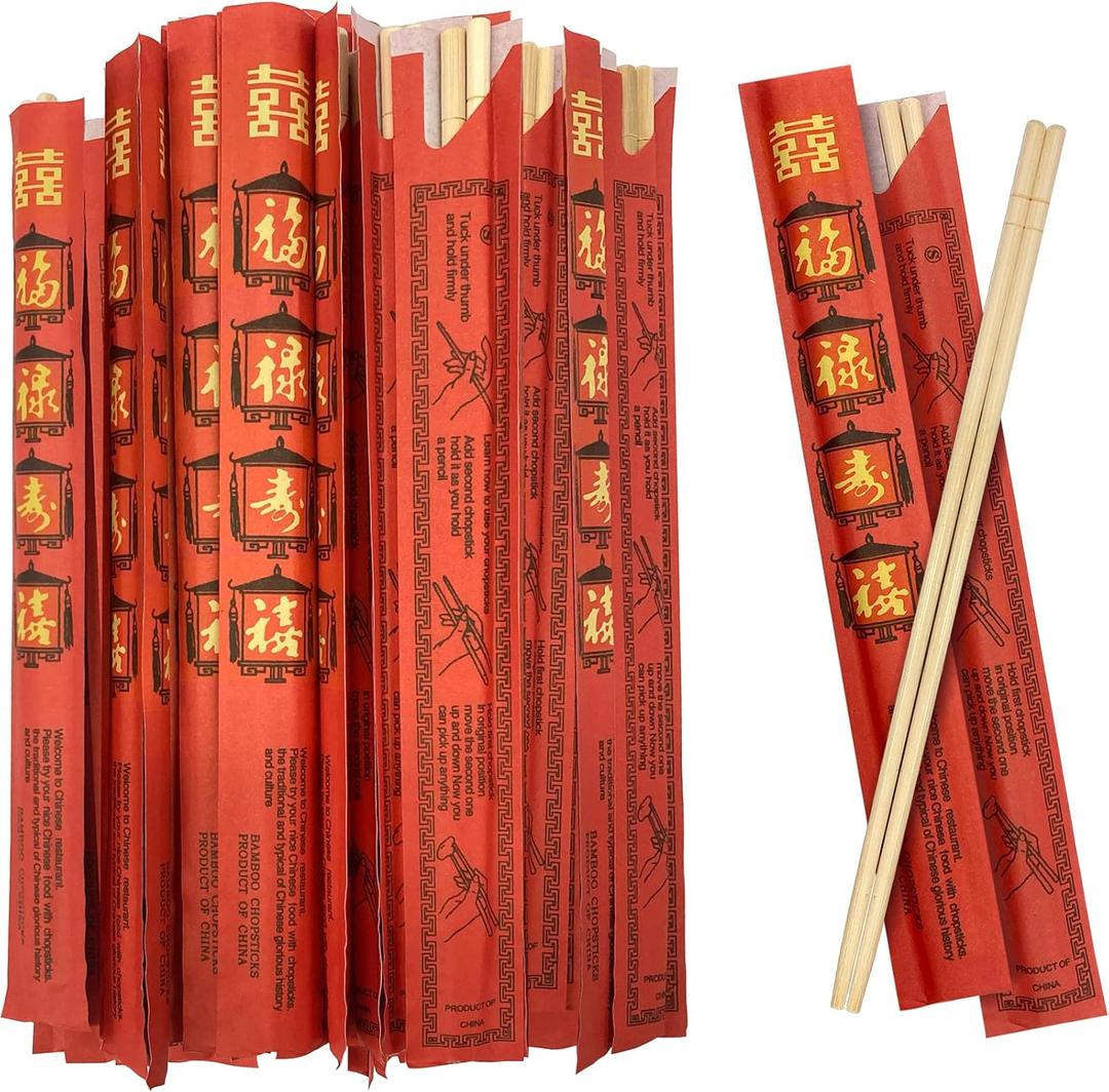 52USA Disposable Bamboo Chopsticks (100 Sets) - 9'' Long, UV Treated, Individually Wrapped Japanese and Chinese Wooden Chopsticks Bulk