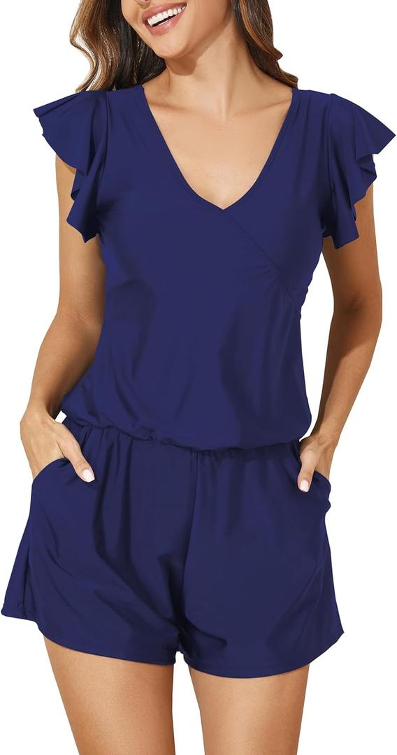 Smismivo Swim Romper with Built in Bra and Pockets Swim Dress Modest One Piece Swimsuit Full Coverage Bathing Suit (Blue, M)