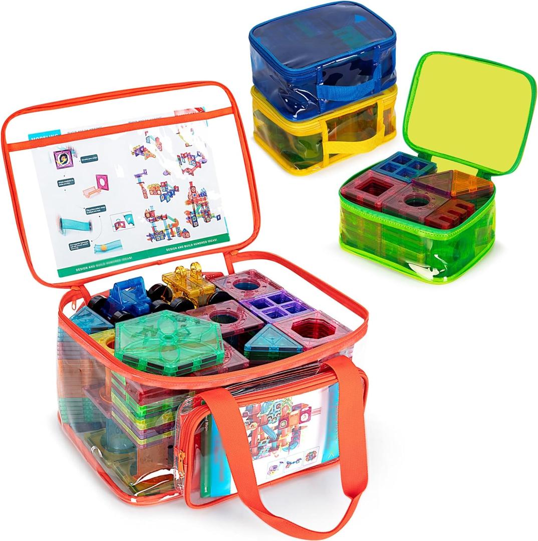 Rexmica 4PCS Magnetic Building Tiles Storage Bag, Clear PVC Toy Storage Organizer, Toys Travel Bag Case for Building Tiles, Board Game, Toy Carry Case for Magnetic Blocks