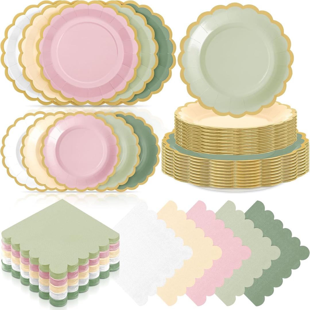 Zhehao 150 Pcs Pink and Green Plates and Napkins Tableware Serves 50 Includes 9 Inch 7 Inch Pink and Sage Scalloped Paper Plate and Napkins for Wedding Birthday Baby Shower Party