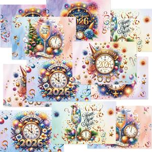 Fancy Land 2026 Happy New Year Cards with Envelopes Watercolor Holiday Greeting Cards for New Year Party Supplies Christmas Favors 12Pcs